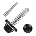 #12 x 3/4" Zinc Plated Steel Self Drilling Roofing Screws, Hex Head Self Tapping Screws with EPDM Washer, Black Head, 100 PCS