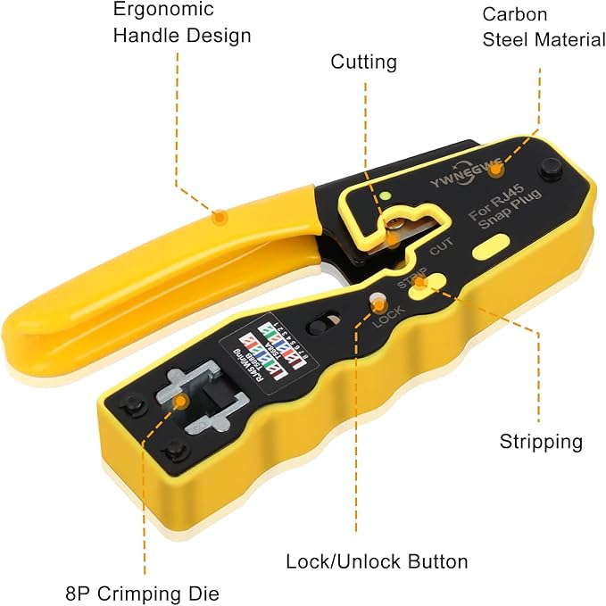 RJ45 Crimp Tool Kit Pass Through Ethernet Crimper for Cat5e Cat6 Cat6a 8P8C Modular Plugs,Cat6 Crimping Tool with 20 Connectors,20 Covers,1 Mini Stripper,100 Cable Zip Ties,1 Cable Tester, 2 Blades
