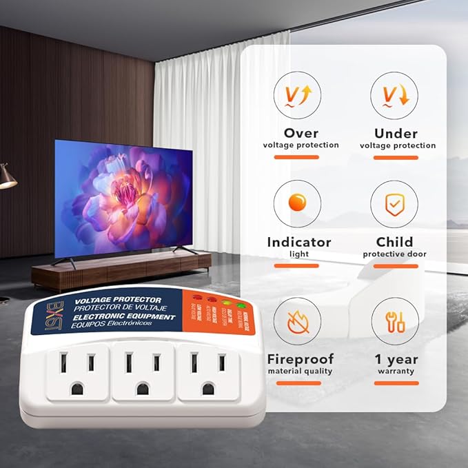 BXST Refrigerator Surge Protector 3 Outlet Power Strip for Home Appliance 30S Delay Voltage Protector Brownout Surge Protector Plug for TV/PC/Fridge15A 1800W 140J