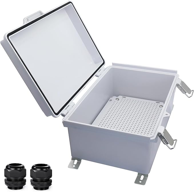 Waterproof Outdoor Electrical Box Junction Box Weatherproof IP67 ABS Plastic Enclosure Switch Router Project Box with Mounting Plate with Wall Bracket 2 Cable Glands Grey 11.81" x 7.87" x 5.12"