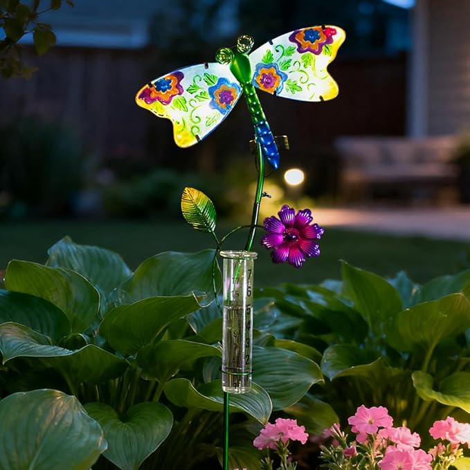 Solar Rain Gauge Outdoor, Dragonfly Rain Gauge, 7 Inch Tube Decorative Rain Measure Gauge, Metal Rain Measure Tool for Garden, Lawn Ornaments
