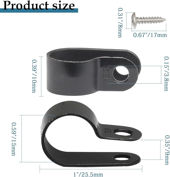 100 Pcs 1/2 Inch Black Nylon Screw Mounting R-type Cable Clip Wire Clamp, 13.2mm Cable Clip Wire Clamp for Wire Management, Stainless Steel Screws Included