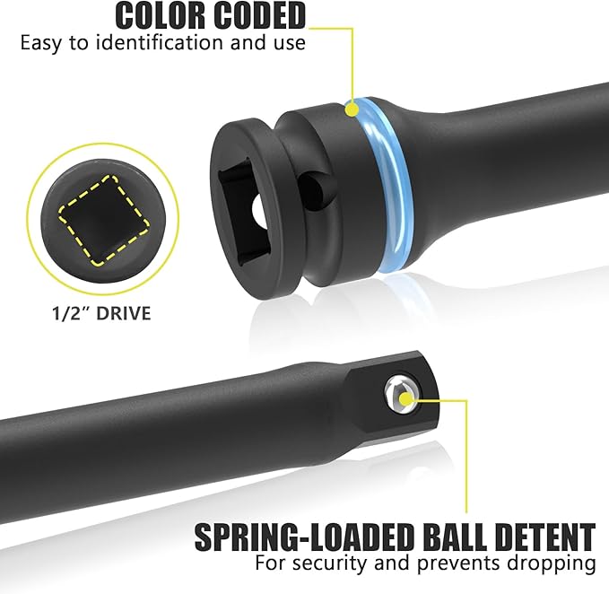 1/2" Drive 150 Ft-Lbs Torque Limiting Extension Bar, 8 Inch Color-Coded Lug Nut Torque Sticks