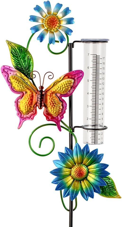 Rain Gauge Outdoor, Butterfly Rain Gauge with Metal Stake, 7 Inch Tube Rainfall Measurement, Decorative Rain Measure Tool for Patio, Lawn, Garden