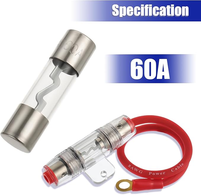 BOJACK 8 Gauge AWG 1ft Power Wire with 60 Amp AGU Fuse Holder for Car Audio, Alarm, Amplifier, Compressors, Waterproof Inline Fuse Holder 60A（Pack of 2）