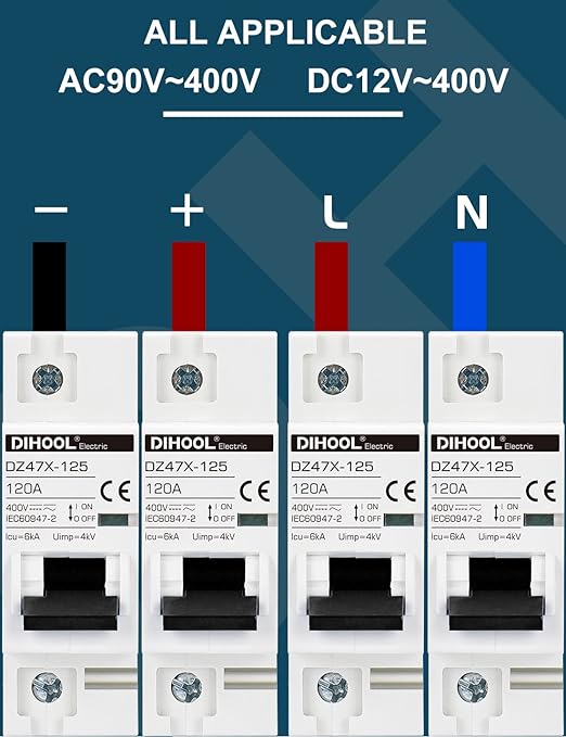DIHOOL AC/DC Miniature Circuit Breaker, Single Pole 120 Amp, 12V 24V 48V 400V, Non Polarized, Solar Disconnect Switch, DIN Rail Mount, RV Battery Isolator, PV Array MCB, Thermal Magnetic Trip