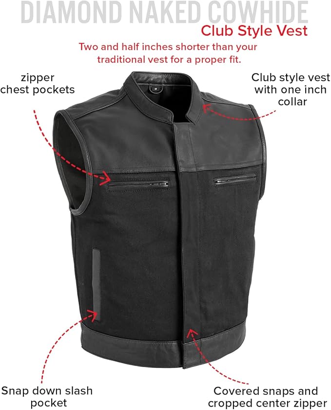 First Mfg Co Lowrider Mens Motorcycle Biker Riding Armor Club Style Black Leather, Twill, Moto Mesh, Perforated Vest