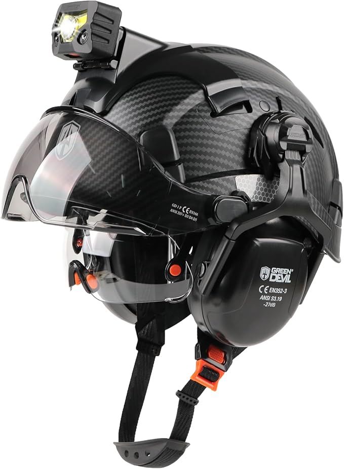 GREEN DEVIL Hard Hat Safety Helmet with Rechargeable Headlamp Light and Visor Ear Muffs Vented Work Hardhat ANSI Z89.1 Cascos De Construccion for Industrial Construction Forestry