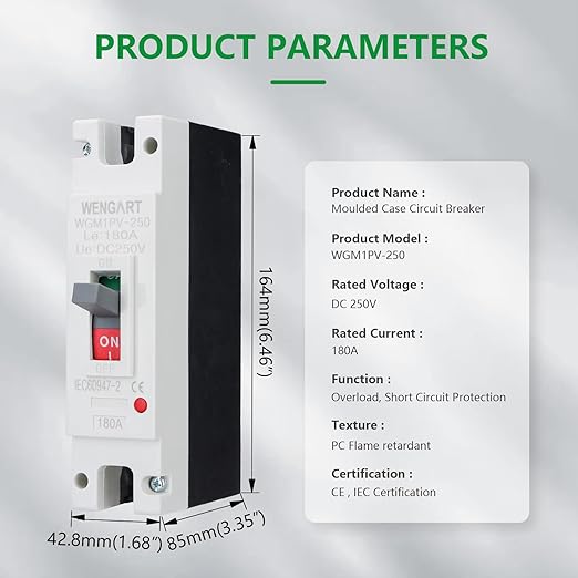 Wengart 180 Amp DC MCCB Circuit Breaker, 250V 1-Pole Molded Case Breaker for High-Power Solar Inverters, Battery Bank & EV Charging Station, Industrial Grade DC Protector, WGM1PV-250