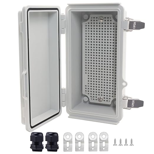IP67Junction Box, ABS Plastic Outdoor Waterproof Box Electrical Enclosure with Stainless Steel Latch, Hinged Cover Electric Box with Mounting Plate 8.3"x4.3"x3"