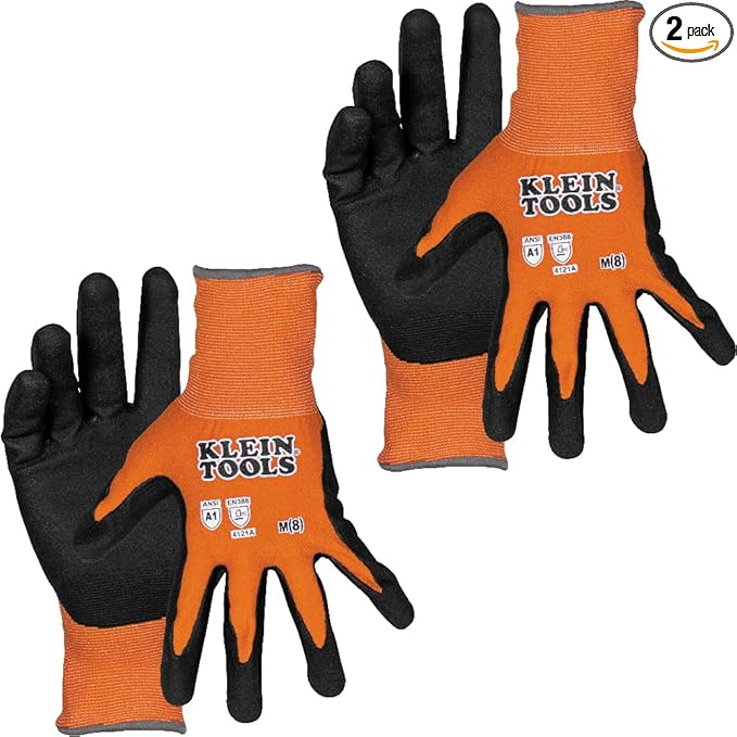 Klein Tools 60580 Work Gloves, Knit Dipped Cut Resistant ANSI A1 Nitrile Coated Gloves, Nylon-Spandex, Touchscreen Capable, Medium, 2-Pair