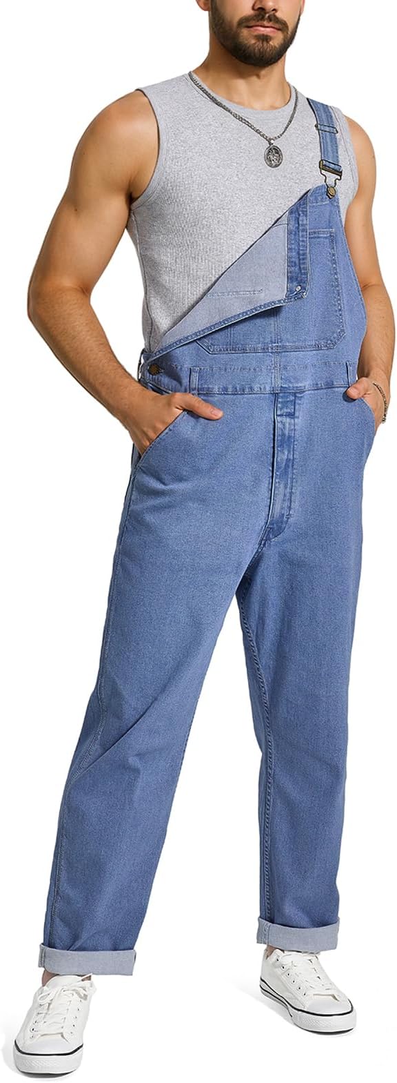 HISEA Flex Denim Bib Overalls for Men, Blue Jean Fashion Casual Overalls, Relaxed fit Utility Workwear with Pockets