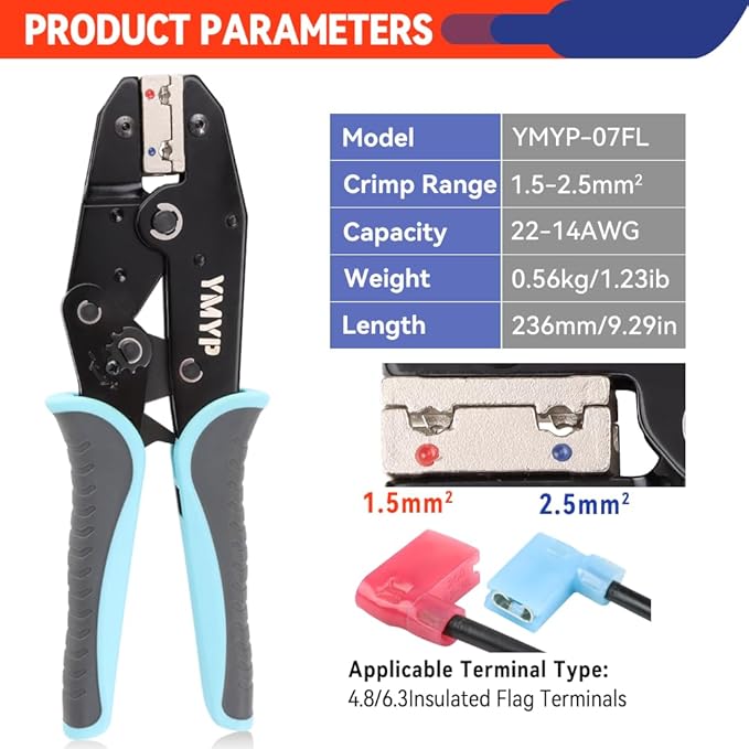 Crimping Tool For Insulated Flag Terminals - Ratcheting Wire Crimper - AWG 22-14 (0.5-2.5mm²) - Electrical Crimping Tool