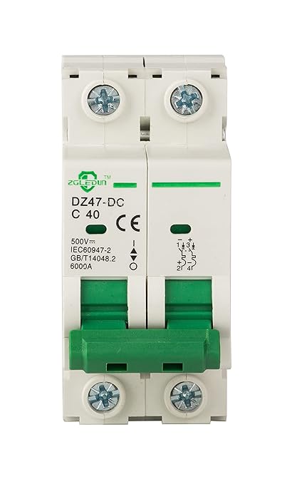 DC Miniature Circuit Breaker, 2 Pole 40 Amp, 250V-500VDC, 6kA Din Rail Mount Breaker with Thermal Magnetic Trip, DZ47-63 C40 2P, DC Solar MCB