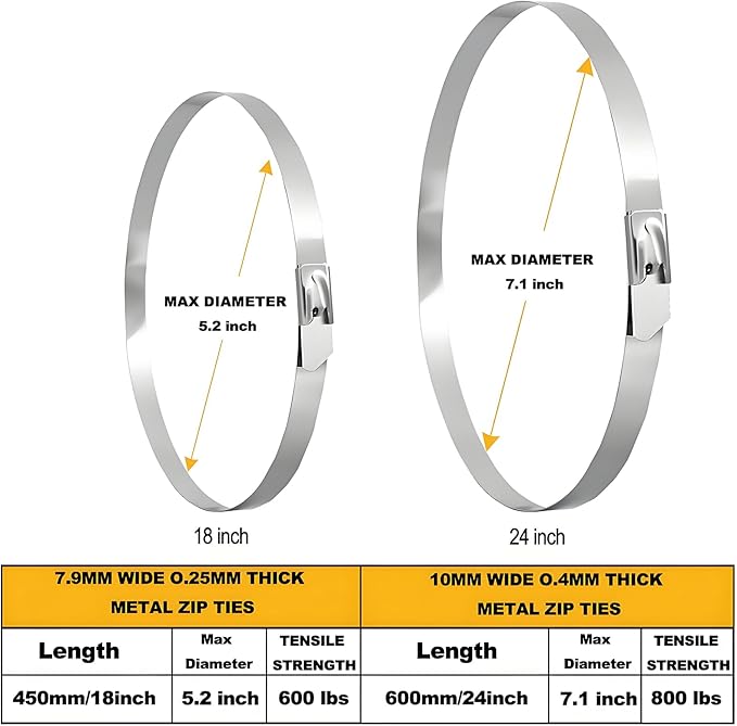 Metal Zip Ties Heavy Duty Outdoor, 800 Lbs 24 Inch Stainless Steel Zip Ties, 40 Pcs Self-Locking Metal Cable Ties, Strength, Ideal for Exhaust Wrap, Cables, Farms, Pipes, Roofs and Outdoor Fence
