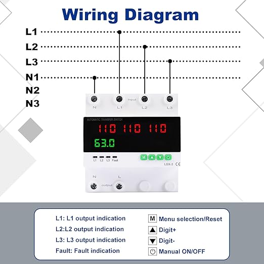 63A 110/120V Triple Power Automatic Transfer Switch,Automatic Switching Between Utility Power、Generator and Inverter,Overcurrent Protection,Overvoltage and undervoltage Protection