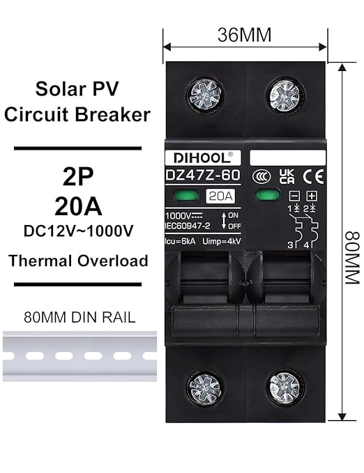 DIHOOL DC Circuit Breaker 20 Amp Solar Disconnect Switch 2P 1000V for PV, UPS, RV Battery,DIN Rail Mount