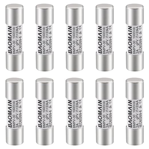 Baomain 10-Pack gPV Solar PV Fuse 2A 1000V DC, 10x38mm, 33kA Breaking Capacity, CE Listed for Photovoltaic Systems, Combiner Boxes (2 Amp.)