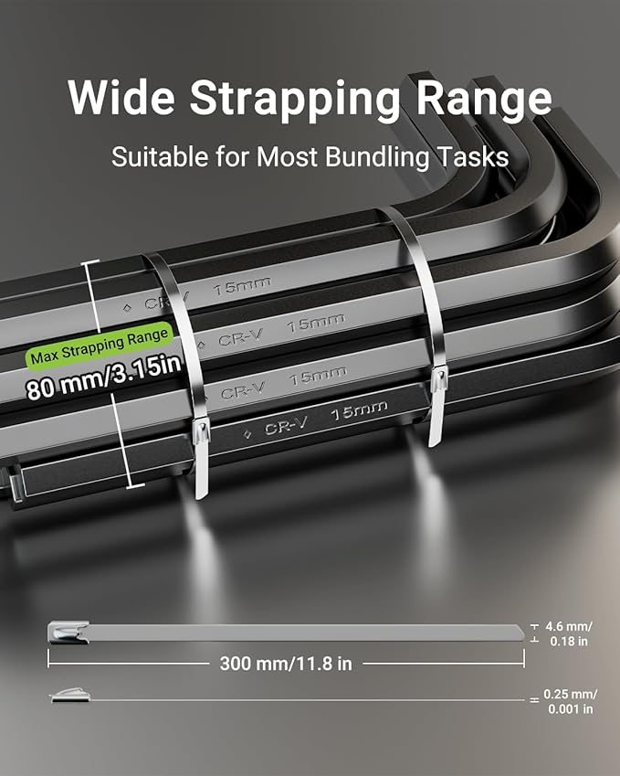 100 Pcs Metal Zip Ties 11.8 Inch, Heavy Duty 304 Stainless Steel Self-Locking Cable Ties, for Outdoor Fence, Cables, Pipes, Vehicles, Farms, Automotive Parts, Exhaust Wraps, Silver
