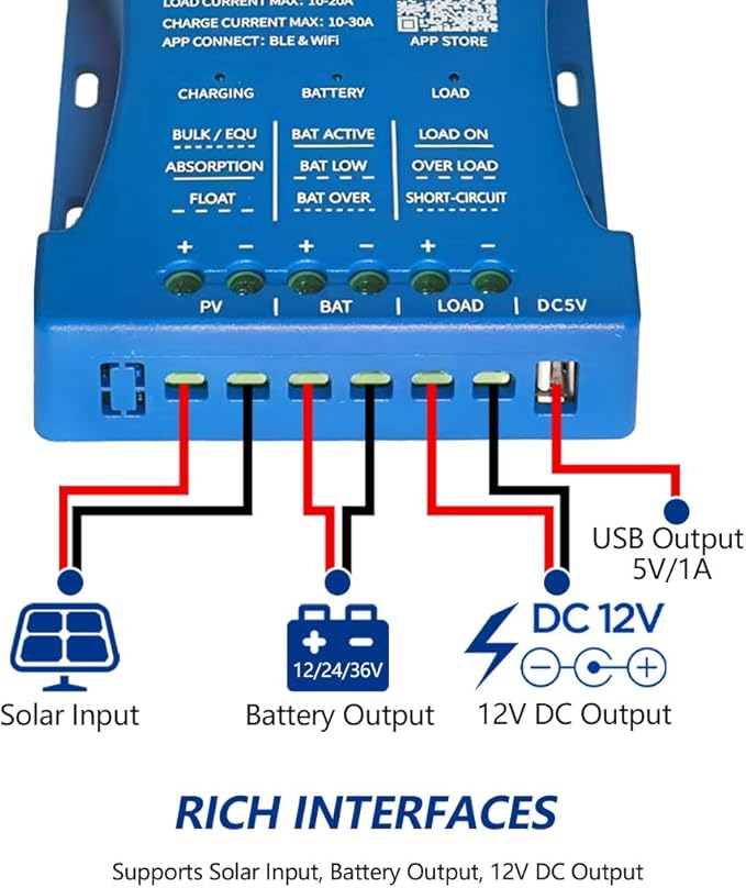 30A Solar Charge Controller 12V/24V/36V, 80V Max PV Input W i-Fi Blue Tooth, LCD Display for LiFePO4/AGM Batteries, RV/Camper Use, Off-Grid Solar Panel Regulator with Temperature Compensation