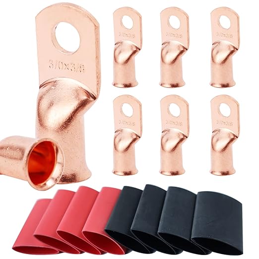 TKDMR 8pcs 3/0 AWG-3/8 Battery Lugs,Heavy Duty Wire Lugs,Ring Terminals,Battery Cable Ends,0 Guage terminals,Battery Terminal Connectors with 8pcs 3:1 Heat Shrink Tubing