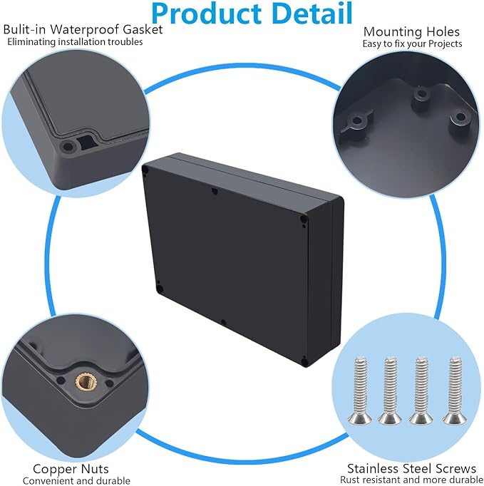 Project Box ABS Black Electrical Boxes IP67 Outdoor Waterproof box Electronic Junction Box Power Enclosure with Cable Glands for DIY Project 10.4 x 7.2 x 2.4 inch (263x182x60mm)