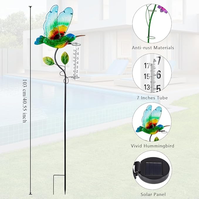 Rain Gauge Outdoor, Solar Hummingbird Rain Gauge with Metal Stake, 7 Inch Tube Decorative Rainfall Measurement, Stained Glass Rain Measure Gauge for Garden, Lawn, Patio