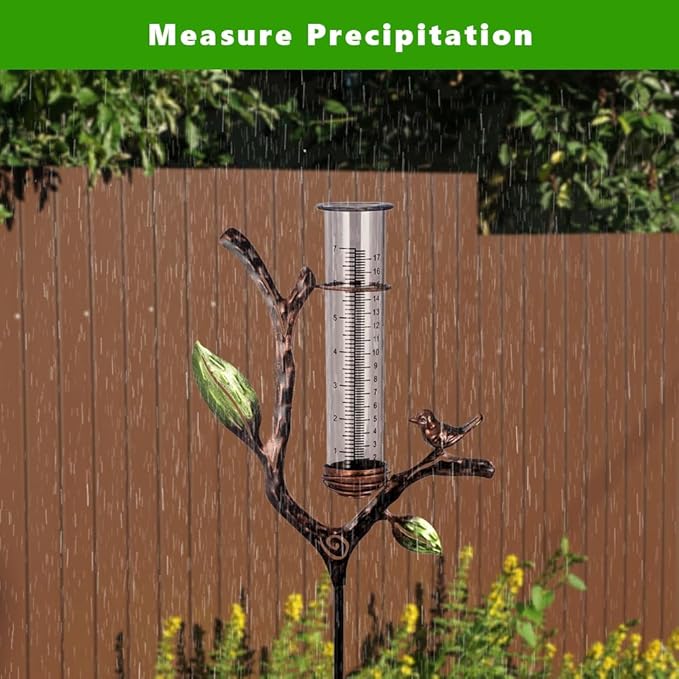 Rain Gauge Outdoor, Metal Rain Gauge with Stake, 7 Inch Tube Rain Measure Gauge, Decorative Branch Rain Measure Tool for Garden, Lawn, Patio