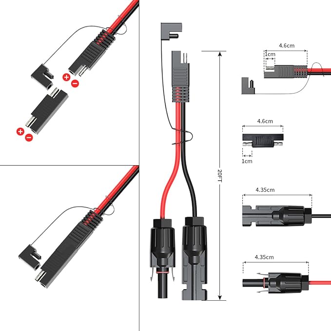 10AWG 20FT Solar Connector to SAE Adapter 2 3.3 10 20 35 50 FT SAE Solar Panel Extension Cable with SAE Polarity Reverse Adapter for Solar Panels Car Battery Charger Kit