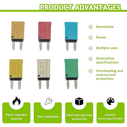 5A 10A 15A 20A 25A 30A DC 12V-14V Auto Reset Circuit Breaker ATM Low Profile T1 Mini Blade Fuses Breakers for Car Trucks Marine Boat RV Solar and More