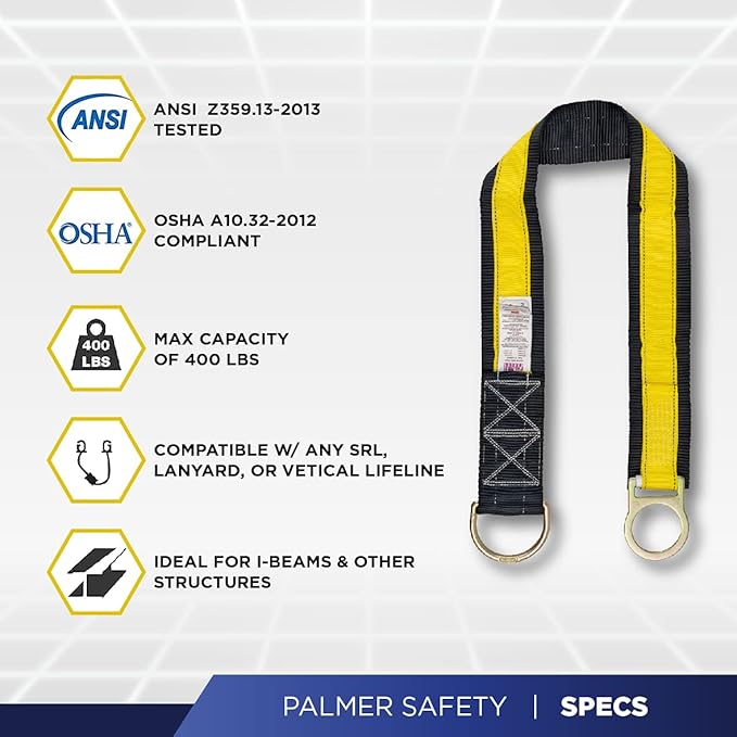 Palmer Safety 10 Ft Cross Arm Strap, 3" Wide Beam Straps Choker w/Large & Small D-Ring, ANSI OSHA Anchorage Sling Fall Protection Lanyard