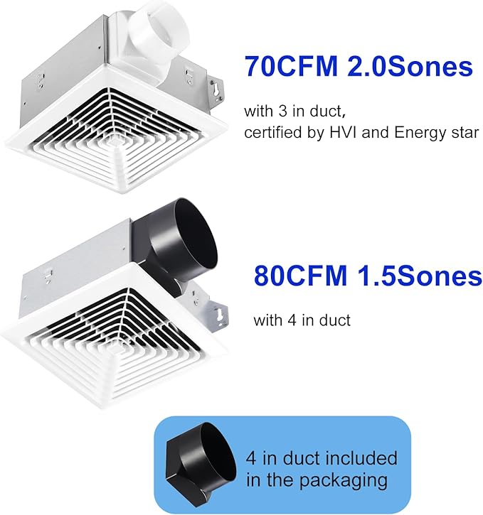 Bathroom Exhaust Fan 80 CFM,4-Inch Duct - 70CFM,3-Inch Duct outlet included,Easy to Install,Quiet Energy-Saving Household Ventilation Fan,Ceiling or Wall Mounted, Classic White Grille