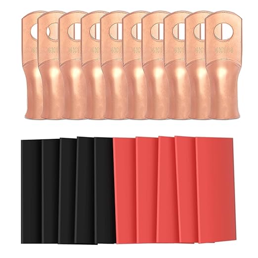 10pcs 4 Awg - 1/4" (M6) Sanuke Wire Lugs Ring Terminal Connectors Ends, Heavy Duty Wire Connectors, Battery Cable Lug Wire Electrical Eyelets with 3:1 Dual Wall Adhesive Heat Shrink