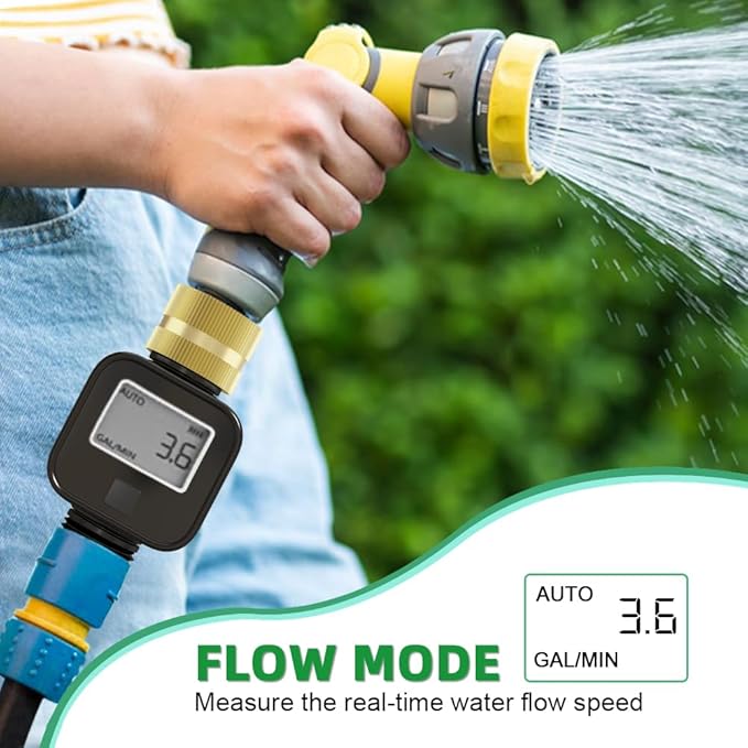 Water Flow Meter with Brass Metal Thread, Measures Gallons/Liters & Flow Rate – Ideal for RV Water Tank Filling, Garden Hose Watering, Lawn Sprinklers & Nozzle Sprayers