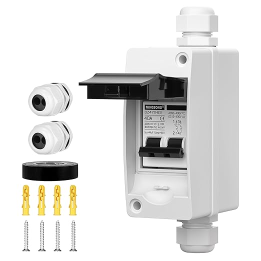 DC Solar Panels Disconnect Switch 40 Amp AC Circuit Breaker Box 400V 2 Poles IP65 Waterproof UV-Proof Outdoor Small Breaker Box for Solar PV Homes