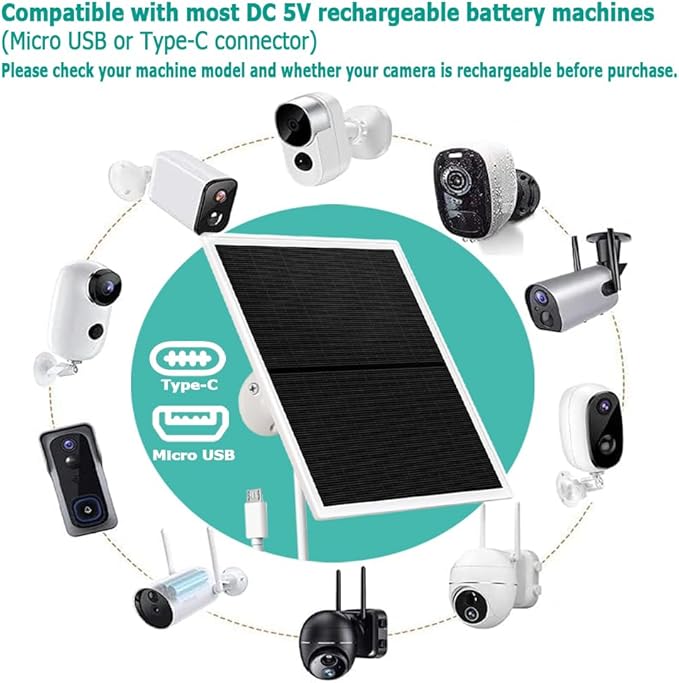 Solar Panel Charger for Outdoor Security Cameras -10W, DC 5V Compatible with Micro USB & Type-C Rechargeable Battery Cameras,9.8Ft Charging Cable,IP66 Waterproof (White)