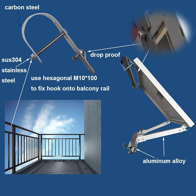 Solar Panel Mounting Brackets Hooks Balcony Railing Holder Power Station Holder for 2 Solar Panels Tilt Angle 0°20-30°