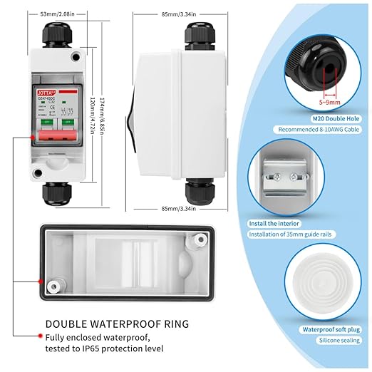Miniature Circuit Breaker DC1000V 2P 40A,DIN Rail Mount DC MCB Solar Disconnect Switch,with IP65 Waterproof Distribution Protection Breaker Box