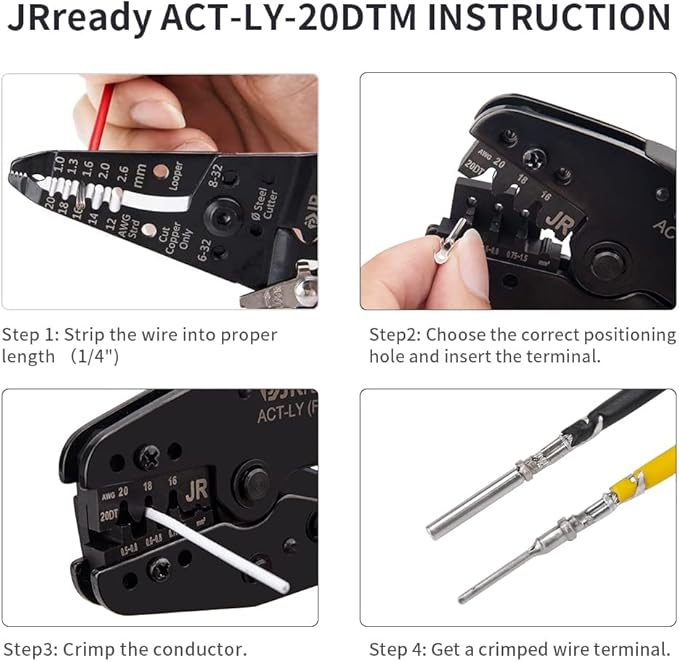 JRready Deutsch Crimping Tool Open Barrel Size 20 - ACT-LY-20DTM Crimper 16-20AWG for deutsch Connector Kit Stamped Formed Contacts ECU Sensor EFI Wiring, Automotive, Marine