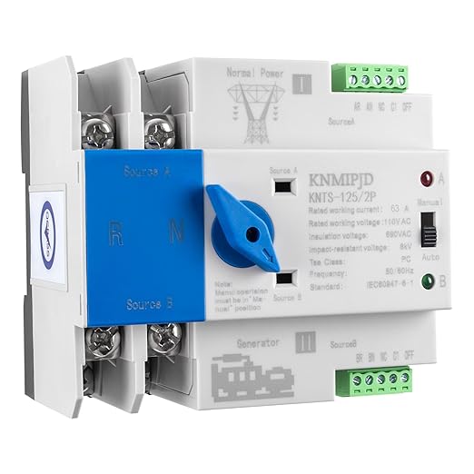 ATS Automatic Transfer Switch 2P AC110V 63A 50/60Hz ATS Dual Power Switch Electrical Selector Switches for Home Generator DIN Rail Mount (2P 63A)