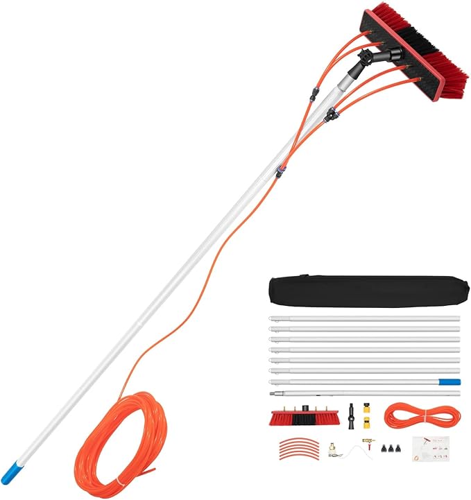 26ft Water Fed Pole Kit, Rotatable Solar Panel Water-fed Brush Brush & Squeegee, 2 Dusting Brushes, Telescoping Lightweight Pole, Window Washing Equipment, Glass Cleaner Tool for Roof Windows