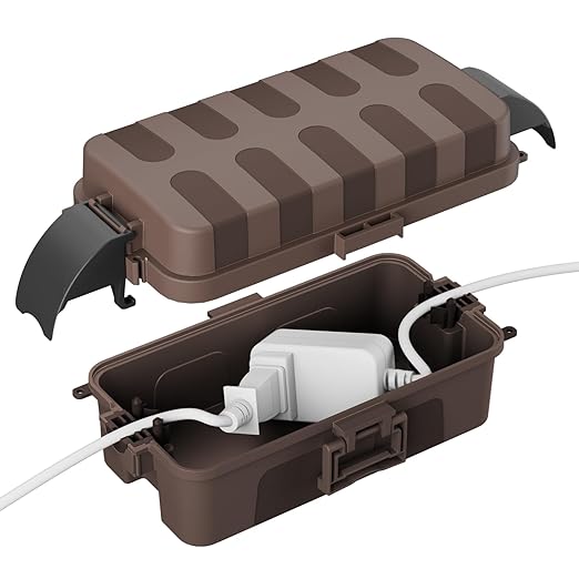 FLEMOON IP55 Outdoor Electrical Box Waterproof with Detachable Awning Covers, 8.3 x 4.1 x 3.7 inch Weatherproof Extension Cord Cover, Easy Installation for Outdoor Plug, Outlet, String Lights, Brown
