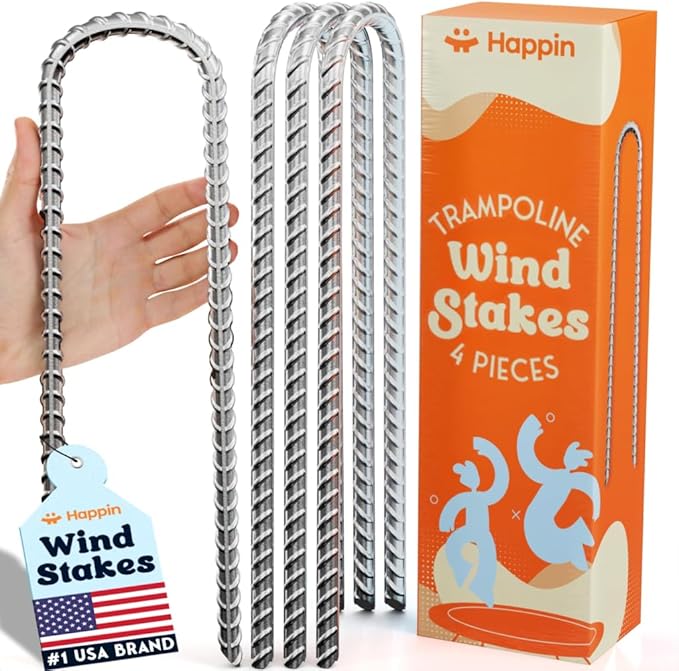 Happin® Trampoline Stakes, Trampoline Accessories, Ground Stakes Heavy Duty, Ground Anchors Screw in, Rebar Stakes, Tent Anchors, Yard Spikes, Galvanized Steel (4 Pack, Silver)