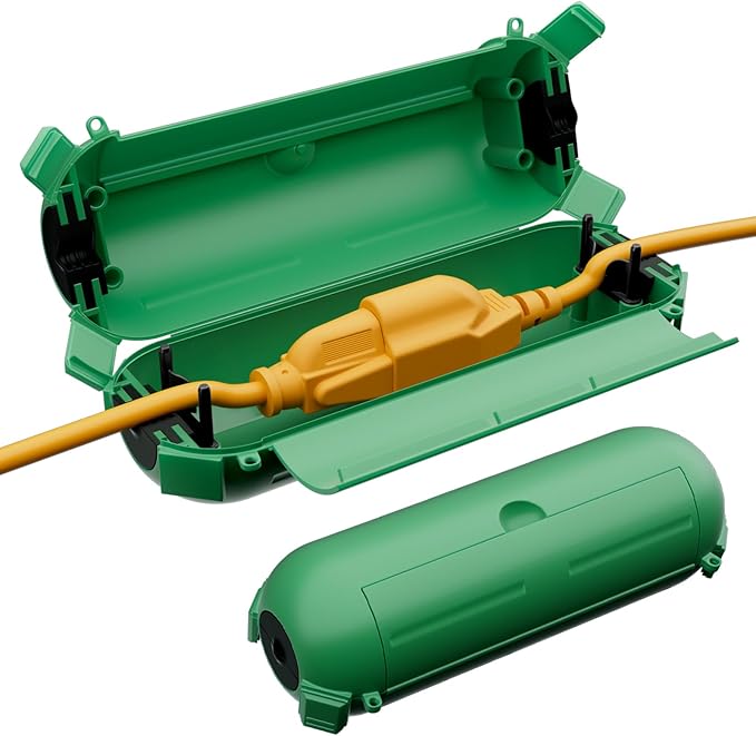 Restmo 2 Pack Mini IP44 Waterproof Outdoor Connection Box with Lockable Latches and Mounting Holes, Weatherproof Extension Cord Safety Cover for Outdoor Plugs, Lights, Cables, Wires, Size Small, Green