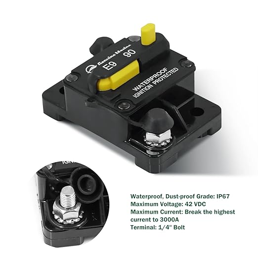 LENKRAD 90 Amp Marine Circuit Breaker Resettable 90A with Manual Reset Switch Button for Boat, Trolling, RV, Yacht, 12V - 48V DC, Waterproof, Surface Mount(90 Amp Boat Circuit Breaker)