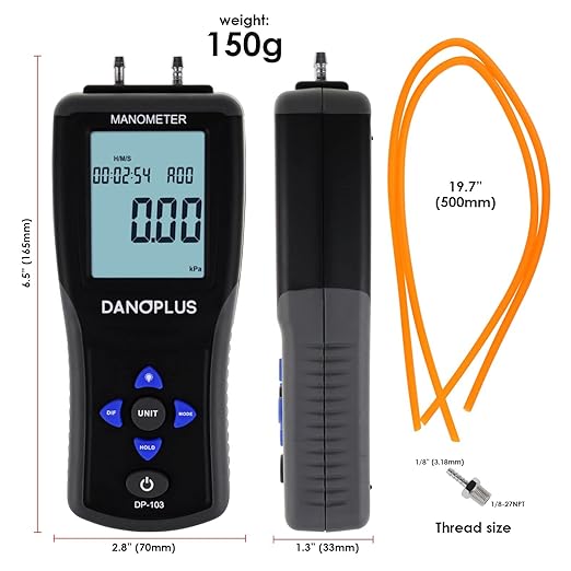 Manometer Digital Manometer Gas Pressure Tester Professional 12 Selectable Units Differential Manometer Gauge HVAC Air Pressure Meter with Large LCD Display Backlight, Data Record Funtion