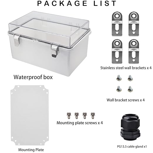 Waterproof Electrical Box, IP67 Junction Box Stainless Steel Latch Hinged Clear Cover Project Enclosure with Wall Bracket 11.8"x7.9"x 6.7"