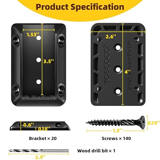 20 Pack Deck Railing Bracket Connectors for 2"x4" (Actually 1.5"x3.5") Wooden Post, Premium Nylon 6/6 Rail Bracket with 140 Sturdy Galvanized Black Screws for Stair Fence Railings Handrail