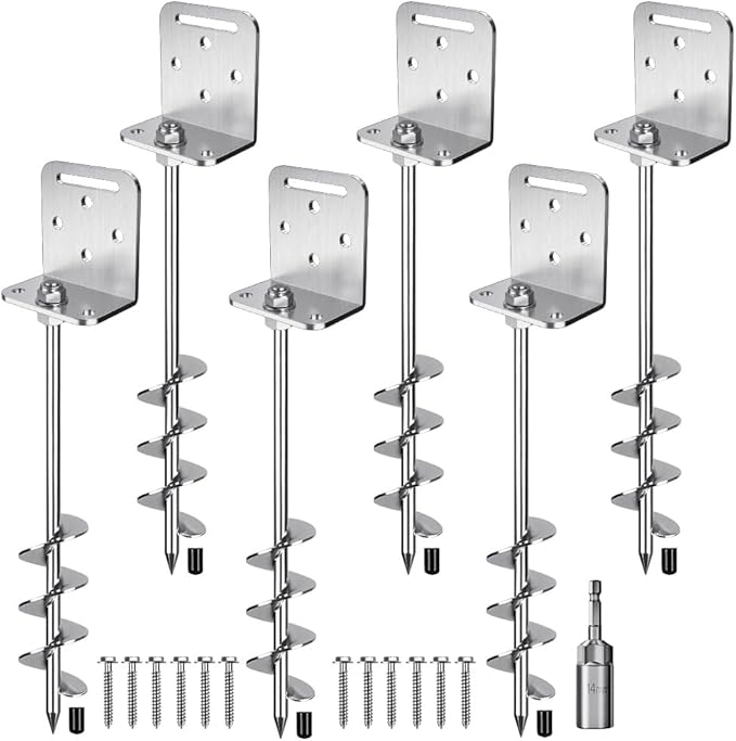 24'' Ground Anchors Screw in Heavy Duty Earth Anchor 10mm Solid Steel with L Bracket for Trampoline Mobile Home Swing Set Shed Carport Tent Stakes, 2" Helix Blade & Chrome Plated Finish, 6Pcs
