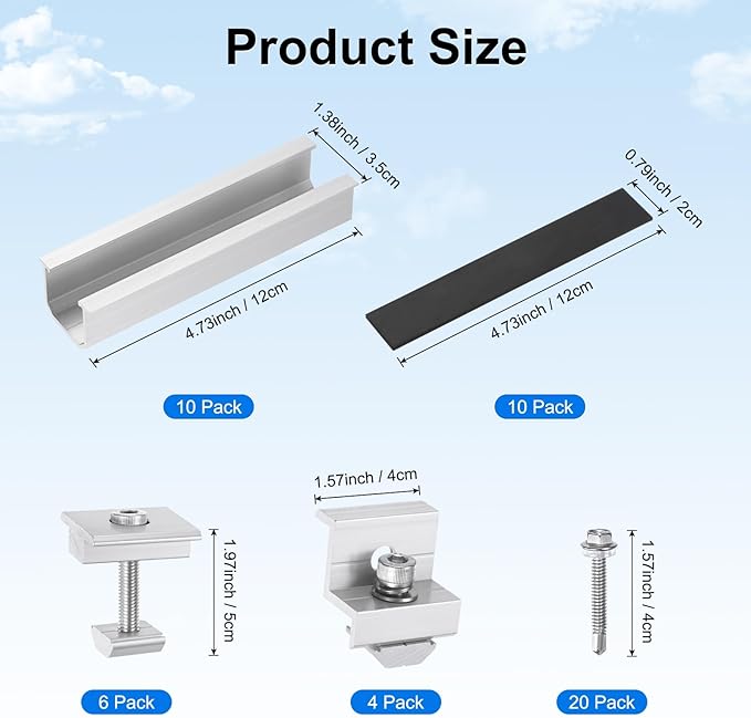 10 PCS Solar Panel Mounting Brackets Kits, Aluminum Alloy 120mm Z Bracket Solar Panel Mounting Rails, 30mm/35mm End Clamp & Mid Clamp for Flat, Metal, Tin, Sheet Roof